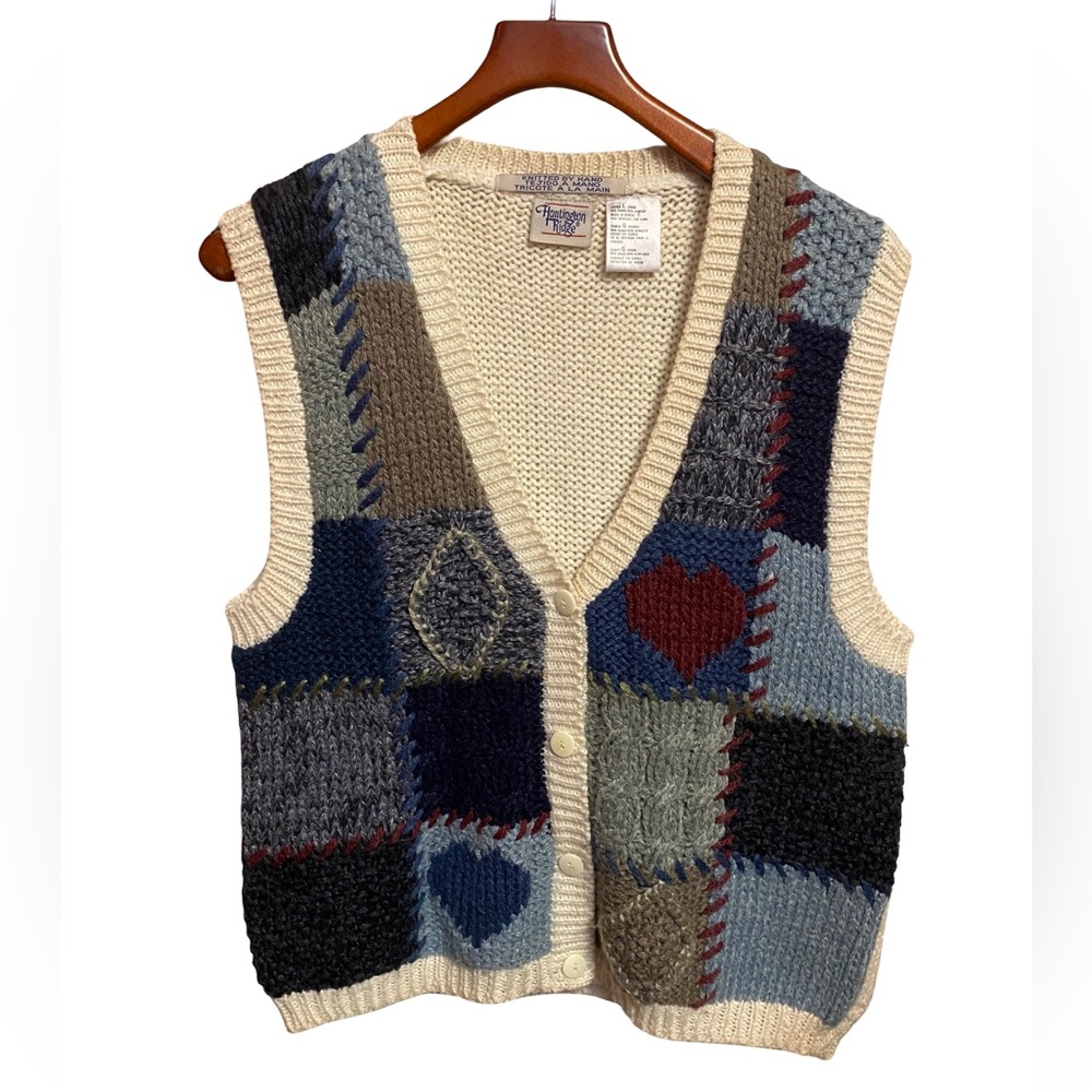 Vintage 90s Huntington Ridge Hand Knit Vest Hearts Cottagecore Size Large